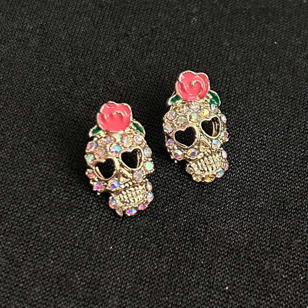 Sugar Skull Rhinestone Enamel Pink Rose Heart Eyes Post Earrings